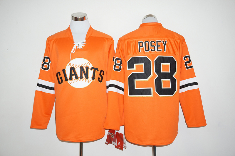 Giants 28 Buster Posey Orange Long Sleeve Jersey