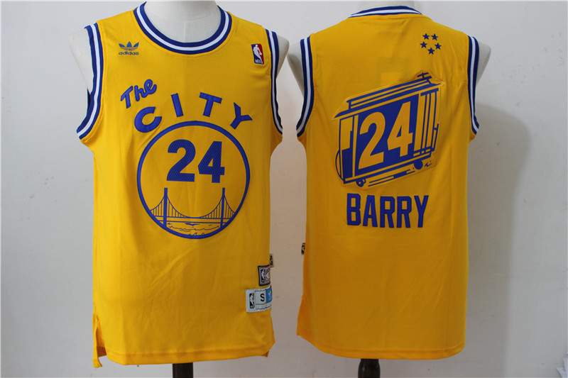 Warriors 24 Rick Barry Yellow Cityscape Hardwood Classics Jersey