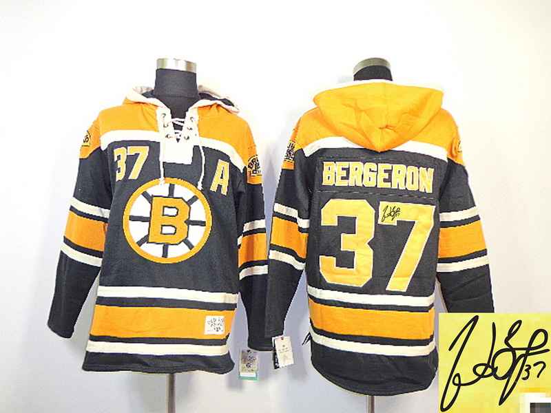 Bruins 37 Bergeron Black Hooded Signature Edition Jerseys