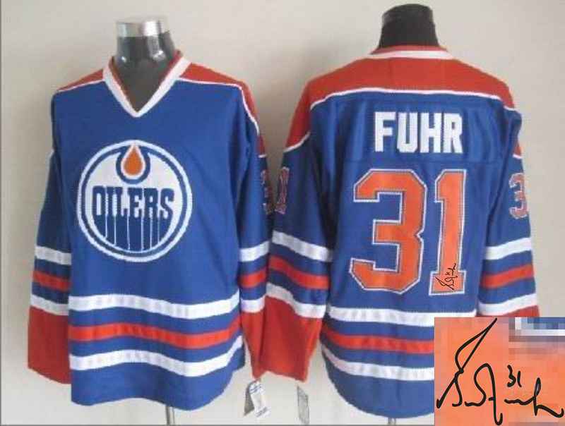 Oilers 31 Fuhr Blue Signature Edition Jerseys