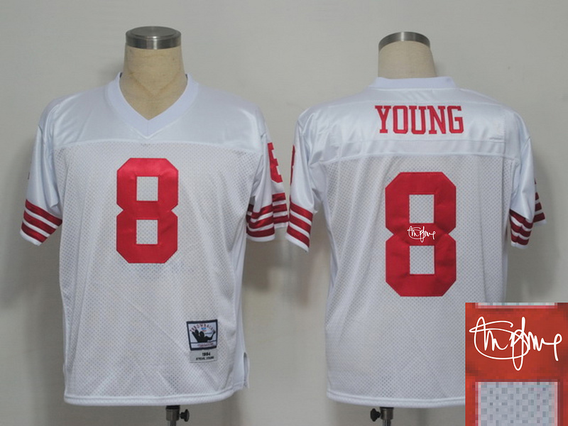 49ers 8 Young White Throwback Signature Edition Jerseys