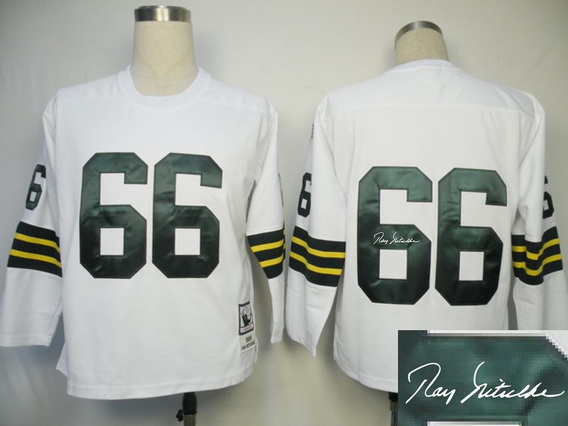 Packers 66 Nitschke White Long Sleeve Throwback Signature Edition Jerseys
