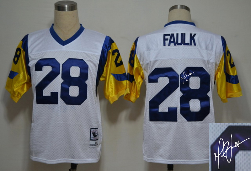 Rams 28 Faulk White Throwback Signature Edition Jerseys