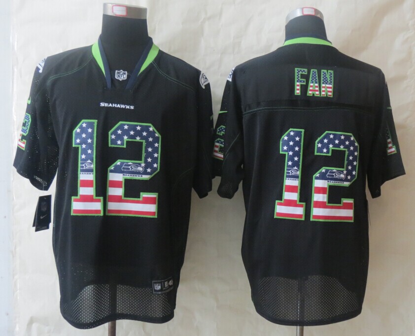 Nike Seahawks 12 Fan USA Flag Fashion Black Elite Jerseys