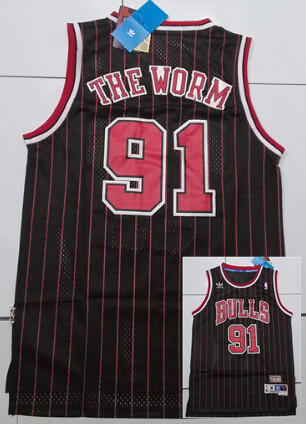 Bulls 91 The Worm Black Red Stripe Hardwood Classic Jerseys