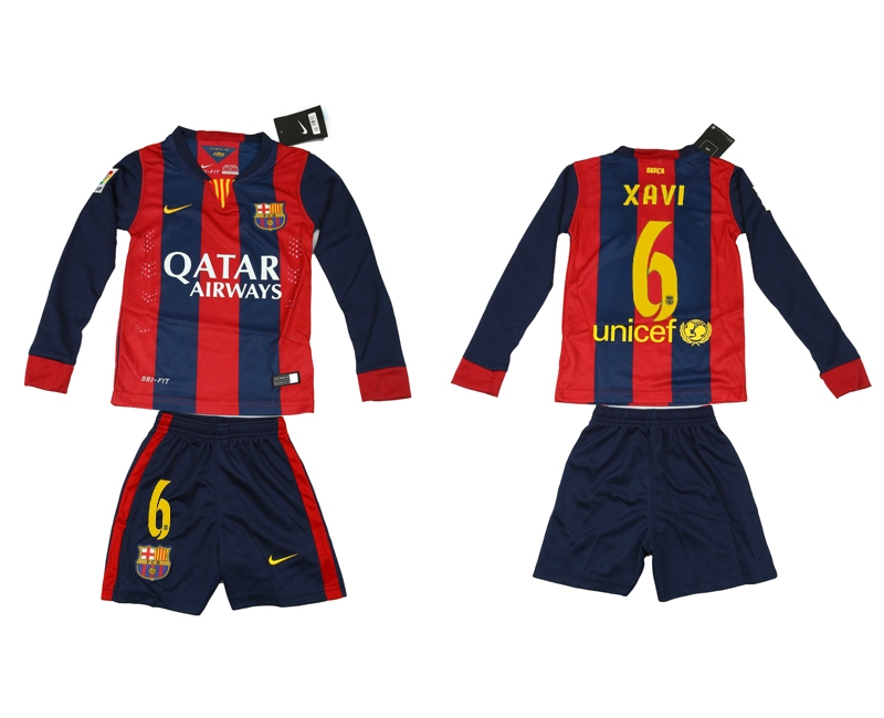 2014-15 Barcelona 6 Xavi Home Long Sleeve Youth Jerseys