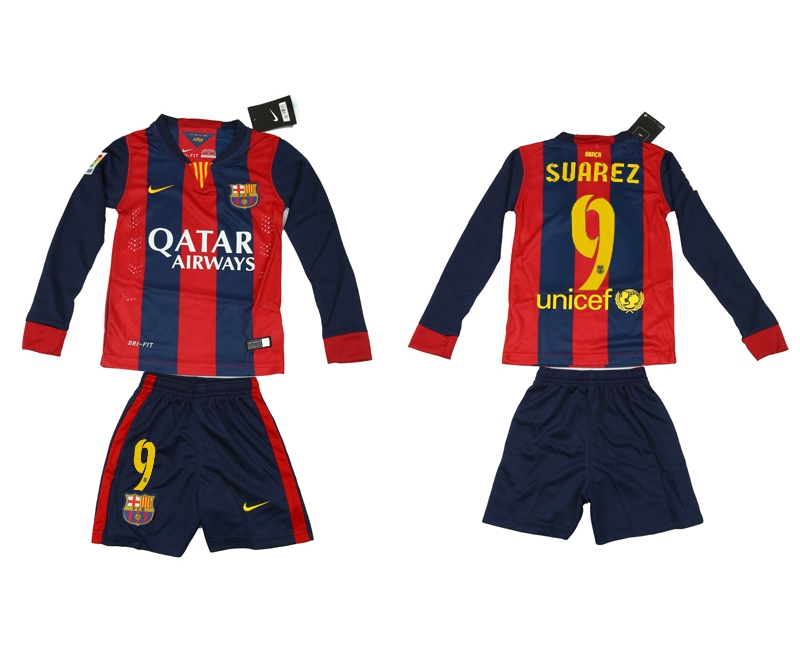 2014-15 Barcelona 9 Suarez Home Long Sleeve Youth Jerseys