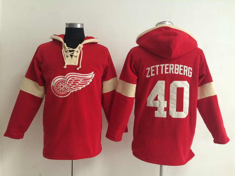 Red Wings 40 Henrik Zetterberg Red All Stitched Hooded Sweatshirt