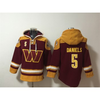 Nike Washington Commanders 5 Jayden Daniels Burgundy Ageless Must Have Lace Up Pullover Hoodie Jersey