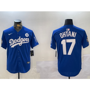 MLB Dodgers 17 Shohei Ohtani Blue 2024 World Series Champion Nike Cool Base Jersey with 34 Patch