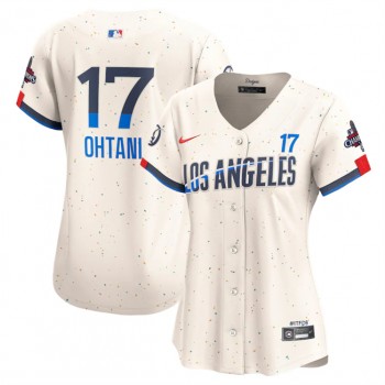 MLB Dodgers 17 Shohei Ohtani Cream 2024 World Series Champions Cool Base Women Jersey
