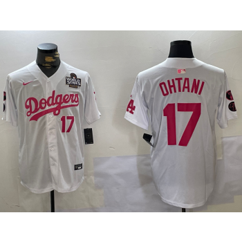 MLB Dodgers 17 Shohei Ohtani White Pink 2024 World Series Nike Cool Base Jersey