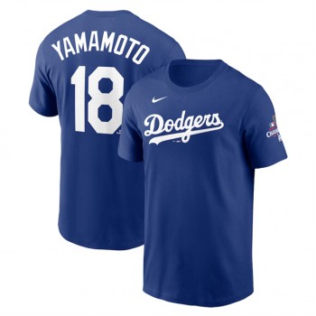 MLB Dodgers 18 Yoshinobu Yamamoto Royal 2024 World Series Champions Name & Number T Shirt