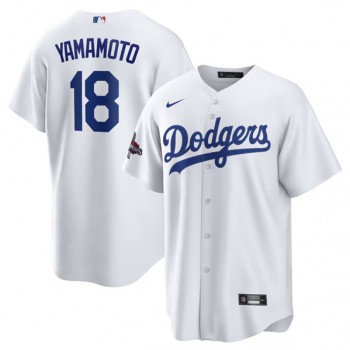 MLB Dodgers 18 Yoshinobu Yamamoto White 2024 World Series Champions Cool Base Jersey