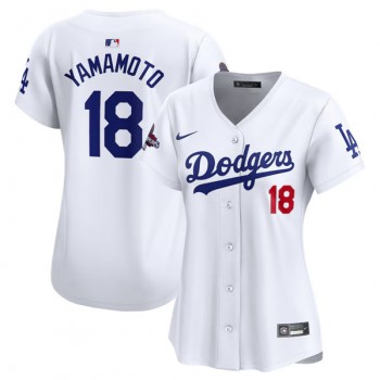 MLB Dodgers 18 Yoshinobu Yamamoto White 2024 World Series Champions Cool Base Women Jersey