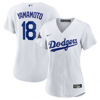 MLB Dodgers 18 Yoshinobu Yamamoto White 2024 World Series Champions Women Jersey