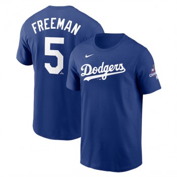 MLB Dodgers 5 Freddie Freeman Royal 2024 World Series Champions Name & Number T Shirt MLB Dodgers 5 Freddie Freeman Royal 2024 World Series Champions Name & Number T Shirt