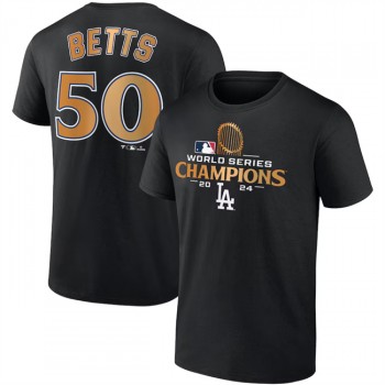 MLB Dodgers 50 Mookie Betts Black 2024 World Series Champions Name & Number T Shirt