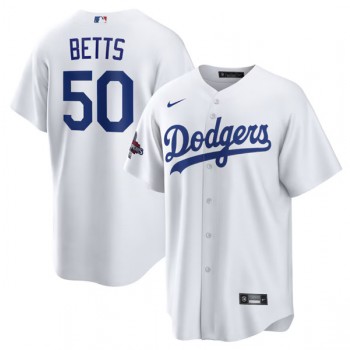 MLB Dodgers 50 Mookie Betts White 2024 World Series Champions Cool Base Jersey