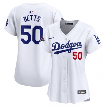 MLB Dodgers 50 Mookie Betts White 2024 World Series Champions Cool Base Women Jersey