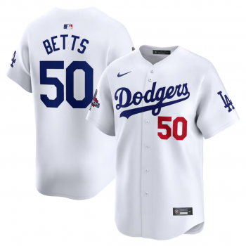MLB Dodgers 50 Mookie Betts White 2024 World Series Champions Nike Cool Base Jersey