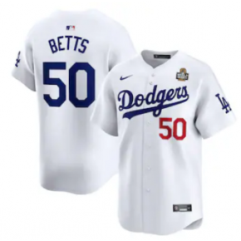 MLB Dodgers 50 Mookie Betts White 2024 World Series Nike Cool Base Jersey
