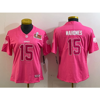 Nike Chiefs 15 Patrick Mahomes Pink 2025 Super Bowl Vapor Limited Women Jersey.png