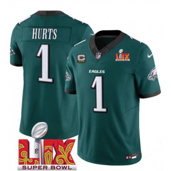 Nike Eagles 1 Jalen Hurts Green 2025 Super Bowl LIX F.U.S.E. Vapor Limited Men Jersey with 3 Star C Patch