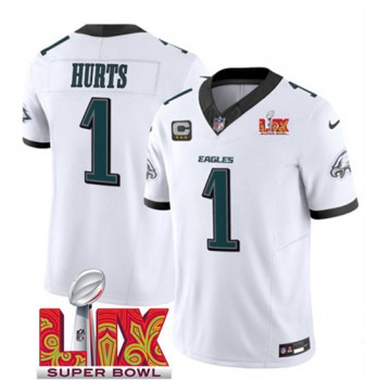 Nike Eagles 1 Jalen Hurts White 2025 Super Bowl LIX F.U.S.E. Vapor Limited Men Jersey with 3 Star C Patch