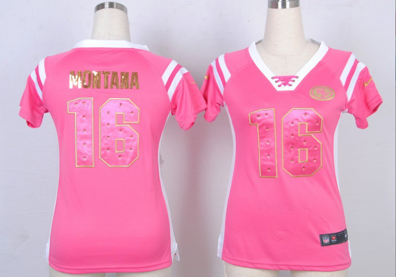 Nike 49ers 16 Montana Pink Sequin Lettering Women Jerseys