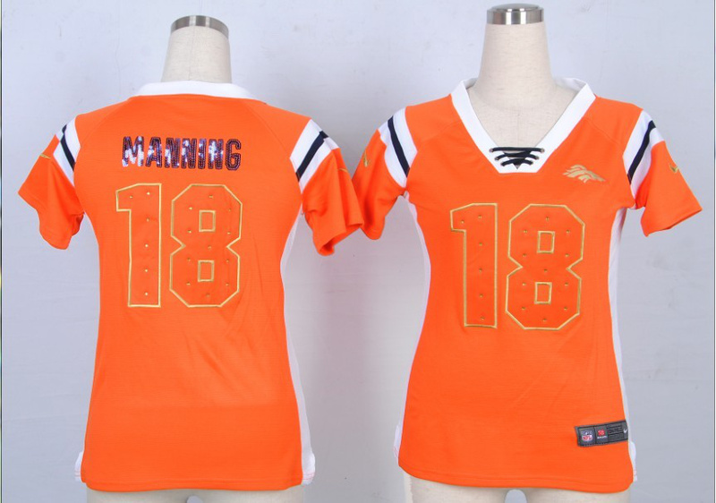 Nike Broncos 18 Manning Orange Sequin Lettering Women Jerseys