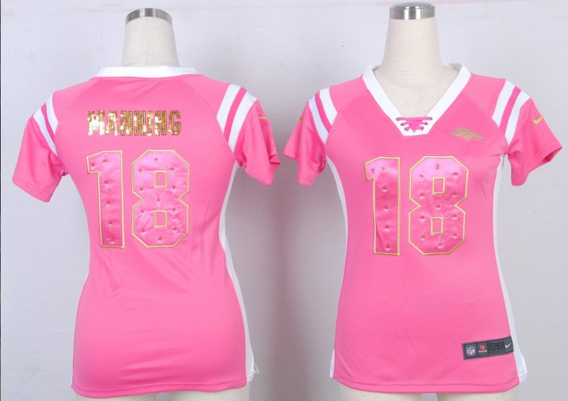 Nike Broncos 18 Manning Pink Sequin Lettering Women Jerseys