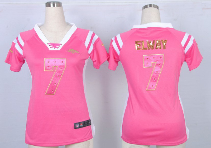 Nike Broncos 7 Elway Pink Sequin Lettering Women Jerseys