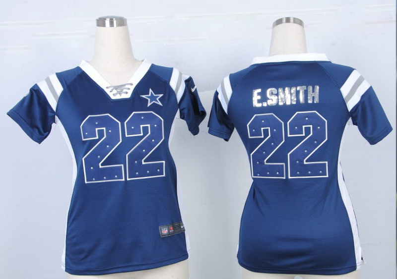 Nike Cowboys 22 E.Smith Blue Sequin Lettering Women Jerseys
