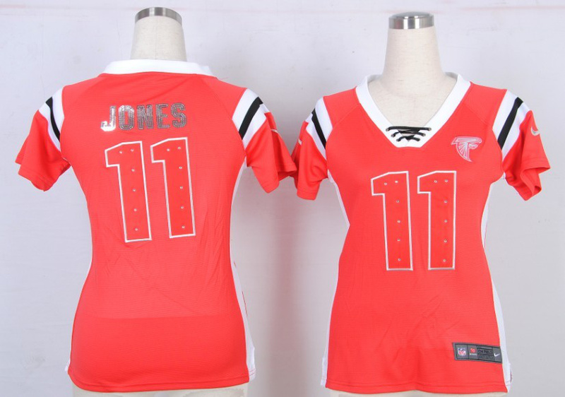 Nike Falcons 11 Jones Red Sequin Lettering Women Jerseys