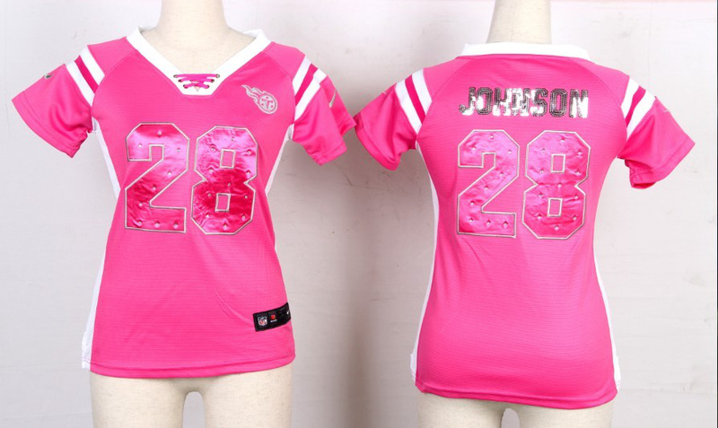 Nike Titans 28 Johnson Pink Sequin Lettering Women Jerseys
