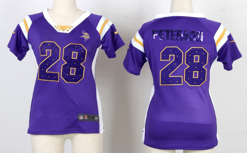 Nike Vikings 28 Peterson Purple Sequin Lettering Women Jerseys