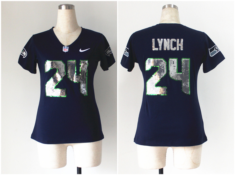 Nike Seahawks 24 Lynch Blue Women's Handwork Sequin Lettering Fashion Jerseys