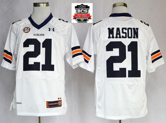 Auburn Tigers Tre Mason 21 NCAA Football Authentic White Jerseys With 2014 BCS Patch