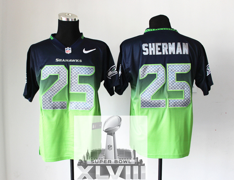 Nike Seahawks 25 Sherman Blue And Green Drift Elite 2014 Super Bowl XLVIII Jerseys