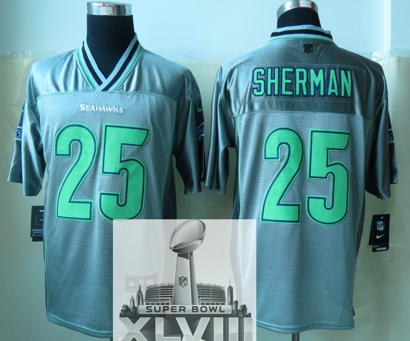 Nike Seahawks 25 Sherman Grey Vapor Elite 2014 Super Bowl XLVIII Jerseys