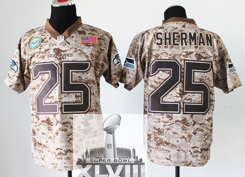 Nike Seahawks 25 Sherman US Marine Corps Camo Elite With Flag Patch 2014 Super Bowl XLVIII Jerseys