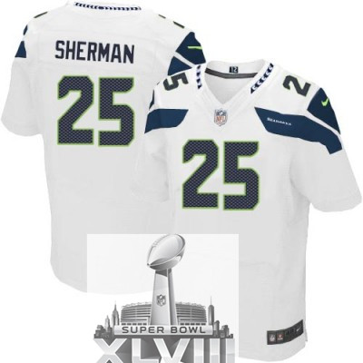 Nike Seahawks 25 Sherman White Elite 2014 Super Bowl XLVIII Jerseys