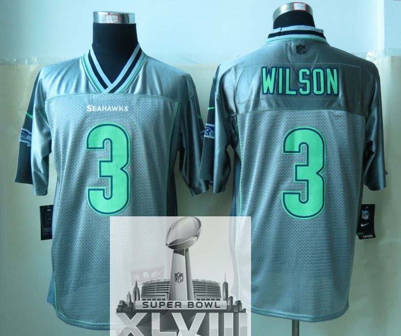 Nike Seahawks 3 Wilson Grey Vapor Elite 2014 Super Bowl XLVIII Jerseys