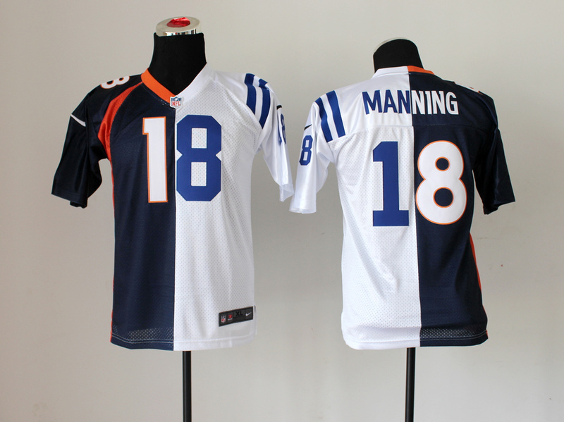 Nike Broncos 18 Manning Blue And White Split Women Jerseys