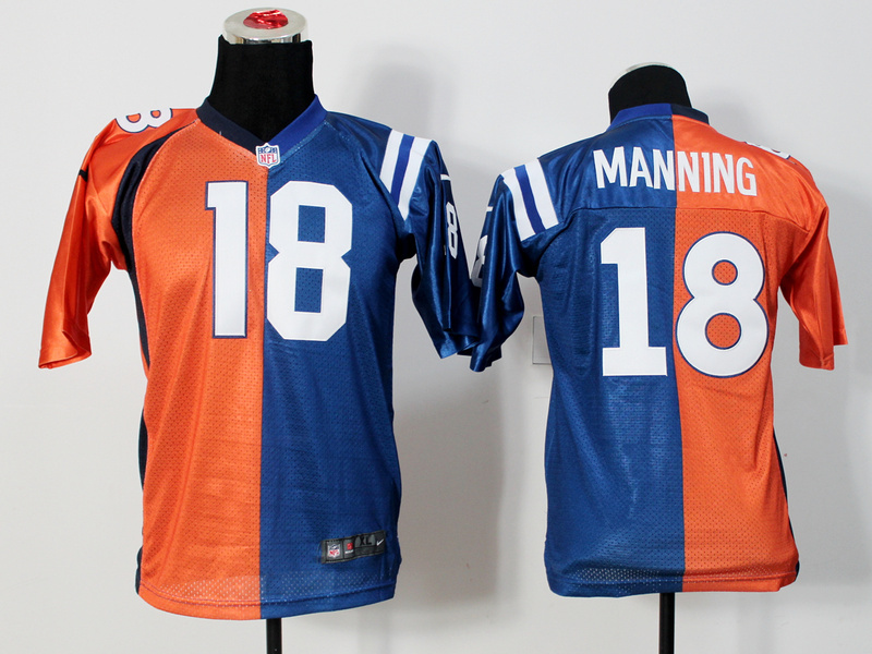 Nike Broncos 18 Manning Orange And Blue Split Women Jerseys