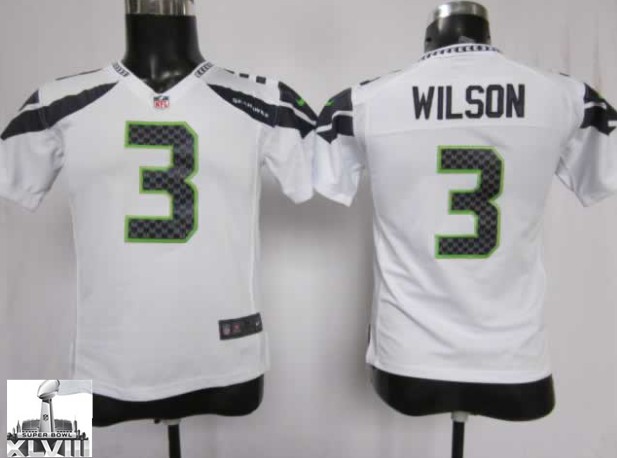 Youth Nike Seahawks 3 Wilson White Game 2014 Super Bowl XLVIII Jerseys