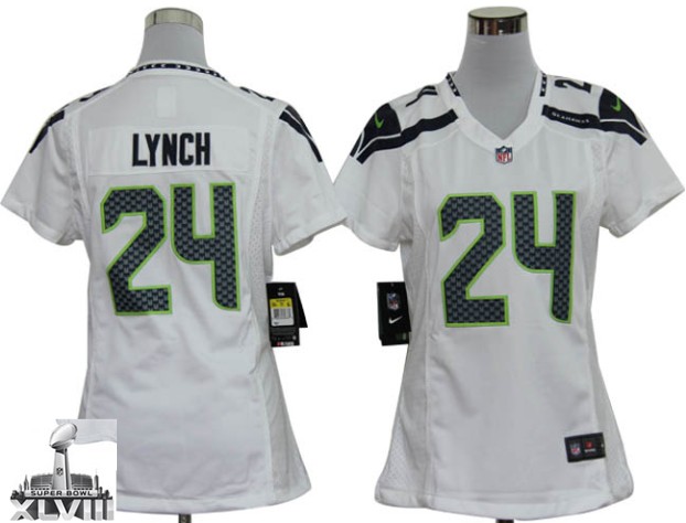Nike Seahawks 24 LYNCH White Women Game 2014 Super Bowl XLVIII Jerseys