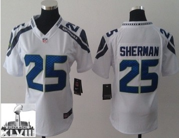 Nike Seahawks 25 Sherman White Women Game 2014 Super Bowl XLVIII Jerseys