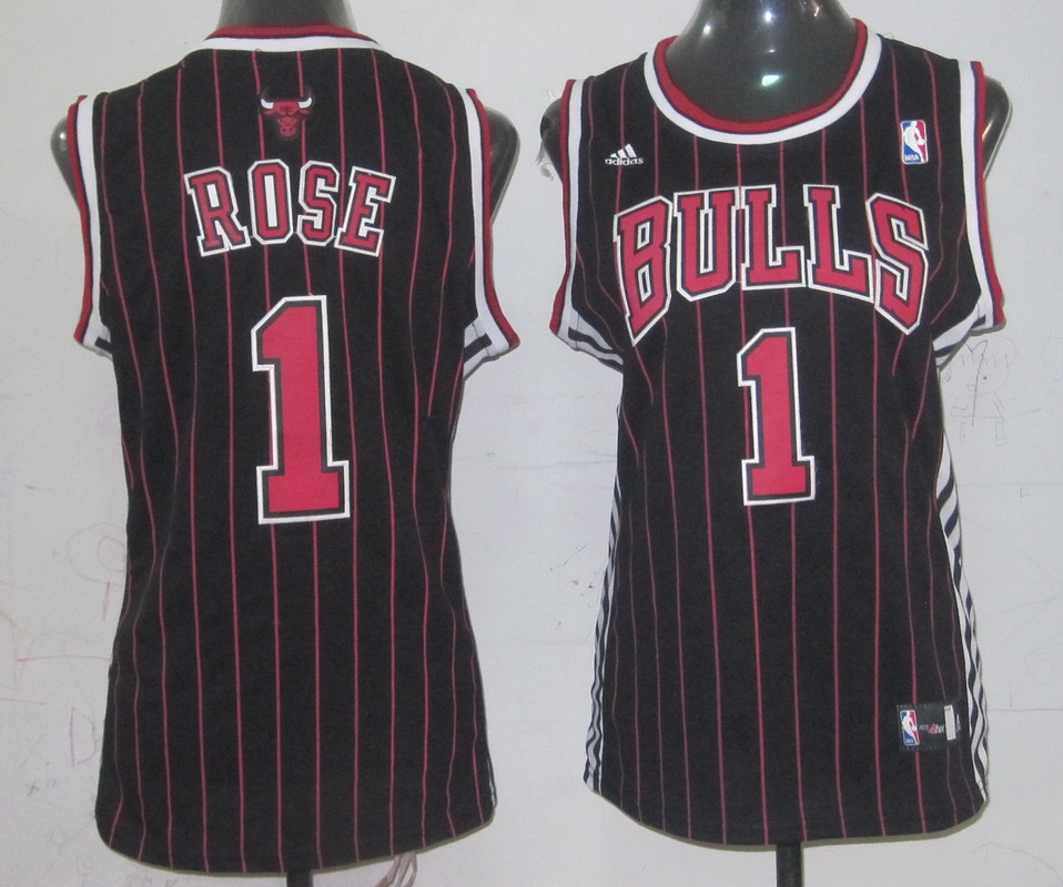 Bulls 1 Rose Black Pinstripe Women Jersey - Click Image to Close